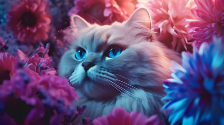 Portrait of a persian cat with blue eyes and flowers.の素材