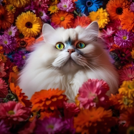Flower background with white persian cat and chrysanthemumsの素材