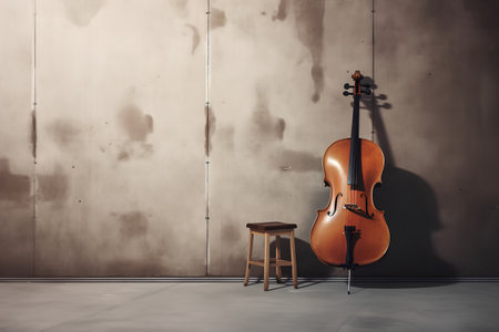 Cello and stool on the background of a concrete wall. 3d renderingの素材