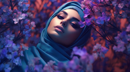 Portrait of a beautiful muslim woman with blue hijab in the flowers.の素材