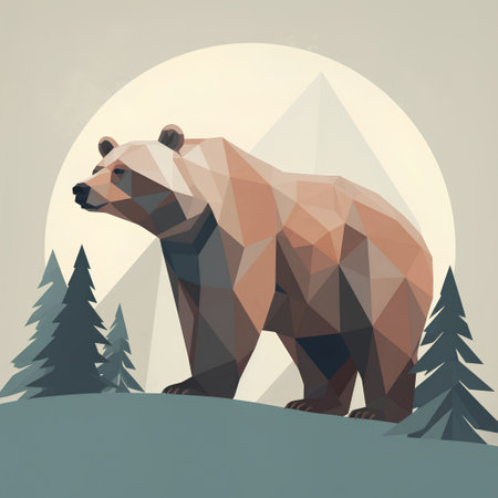 Polygonal bear in the forest. Low poly style. Vector illustration.の素材