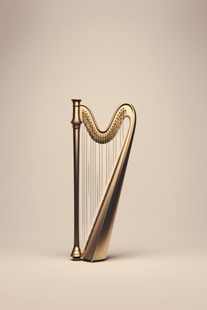 Golden lyre isolated on beige background. 3D rendering.の素材