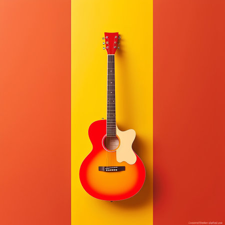 Acoustic guitar on a orange and yellow background. Vector illustration.の素材