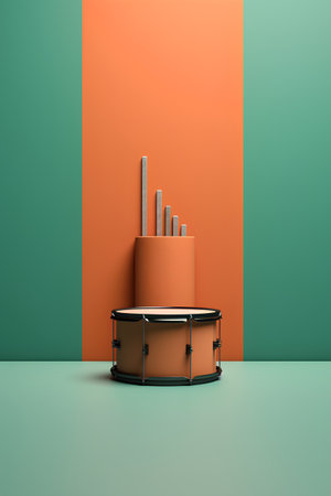 3d rendering of a drum set on a green and orange backgroundの素材