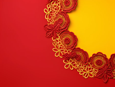 Red lace on a red background. Template for greeting card, wedding invitation. Vector illustration.の素材
