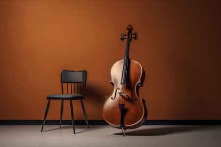 3D render of a classical cello and a chair in a roomの素材