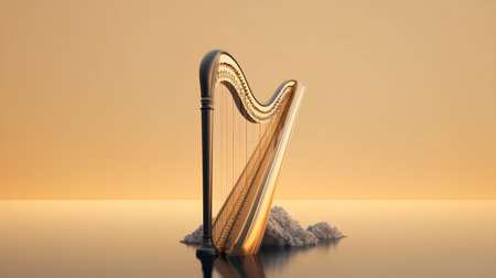 Harp on a golden background. 3d rendering. Computer digital drawing.の素材