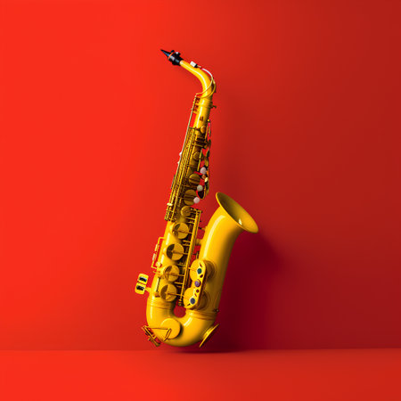 Golden saxophone on a red background. 3d render, 3d illustrationの素材
