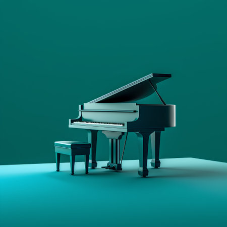 3d render of grand piano isolated on green background with shadow.の素材