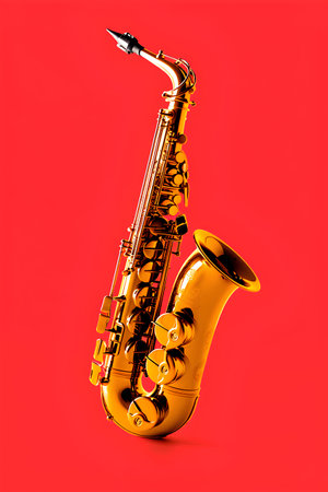 Golden saxophone isolated on red background. 3d render illustration.の素材
