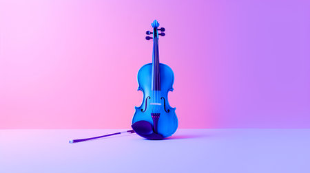 Blue classic violin on purple background. 3d render. Minimal style.の素材