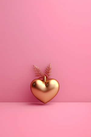 Golden heart with leaves on pink background. Valentine's day concept. 3D Renderingの素材