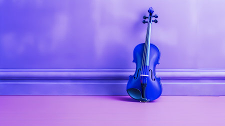Blue violin on purple wall background. Minimal style. Music concept.の素材