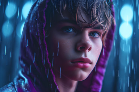 Portrait of a beautiful girl in a raincoat. Fantasy.の素材