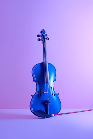 Blue violin on a purple background. 3d rendering, 3d illustration.の素材