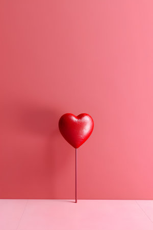 Red heart on a stick on a pink background. Valentine's day concept.の素材