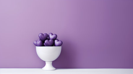 Purple heart shaped balloons in a vase on a purple wall backgroundの素材