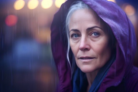Portrait of sad senior woman in raincoat on blurred city backgroundの素材