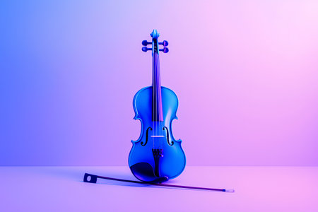 Blue violin on a purple background. 3d rendering, 3d illustration.の素材