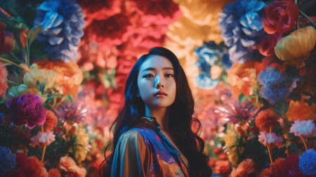 beautiful asian woman with floral background,vintage color toneの素材