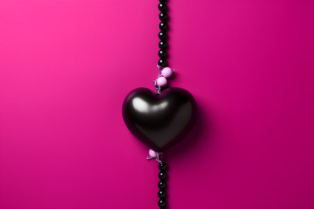 Black heart with beads on a pink background. Valentine's day concept.の素材