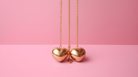 Two golden hearts hanging on a chain on a pink background. 3d renderの素材