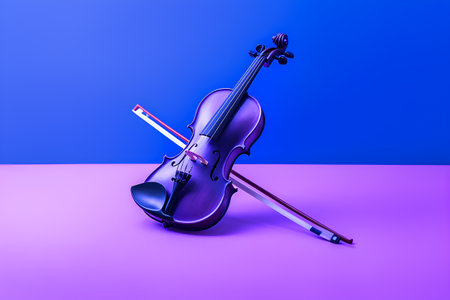 Violin and bow on a blue background. 3d illustration.の素材