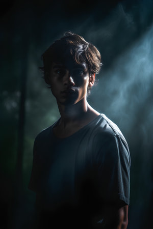 Portrait of a handsome young man in the dark forest with smokeの素材