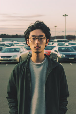 Young handsome Asian man in a black coat and glasses standing in the parking lotの素材