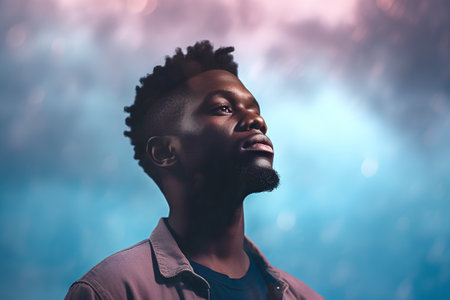 Portrait of a young african american man looking up against blurred backgroundの素材