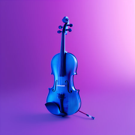 Blue violin on a purple background. 3d render. Music concept.の素材