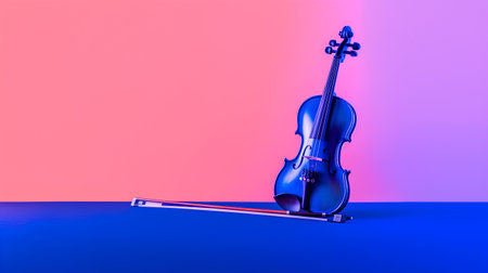 Blue classic violin on a purple background. 3d render illustration.の素材