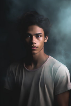 Portrait of a handsome young man in a white T-shirt on a black backgroundの素材