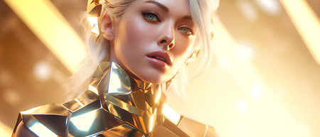 3d rendering of a beautiful blonde girl in a golden costume.の素材