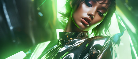 Fashion portrait of beautiful young woman on green background with lights.の素材