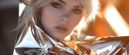 Close-up portrait of a beautiful blonde girl in silver foil.の素材