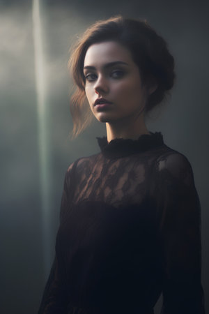 Portrait of a beautiful young woman in a black lace dress.の素材