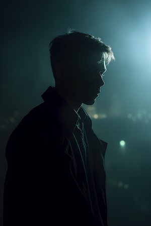 Silhouette of a young man in a dark raincoat on the background of the night cityの素材