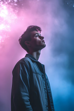 Portrait of a young man in a dark raincoat on a background of fogの素材