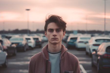 young handsome teenage hipster man in the city at sunset, lifestyle people conceptの素材