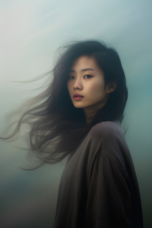 Portrait of a beautiful asian girl with long hair in the windの素材