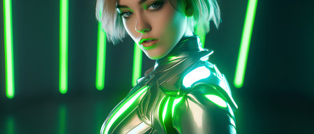 3D Illustration of a female cyborg with green neon lightsの素材