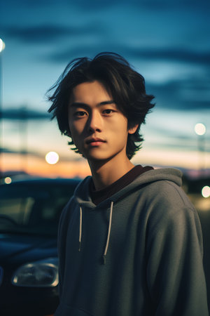 Portrait of a handsome young Asian man in the city at sunsetの素材