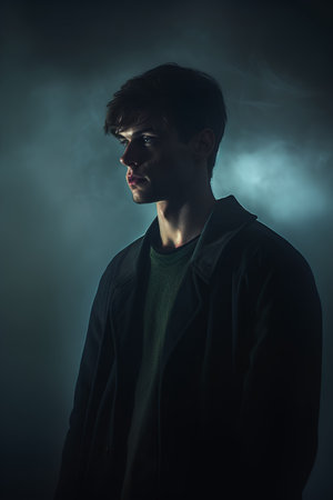 Portrait of a young man in a black coat in the smokeの素材