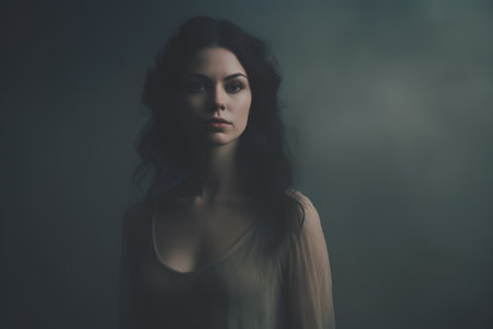 Portrait of a beautiful young woman with long brunette hair.の素材