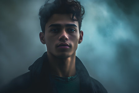 Portrait of a handsome young man on a dark background with smokeの素材