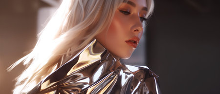 Fashion portrait of a beautiful blonde girl in a shiny silver dressの素材