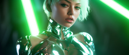 Beautiful blonde woman in green futuristic costume. Portrait of a beautiful girl with green neon light.の素材