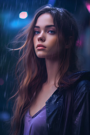 Portrait of beautiful young woman in raincoat. Rainy day.の素材
