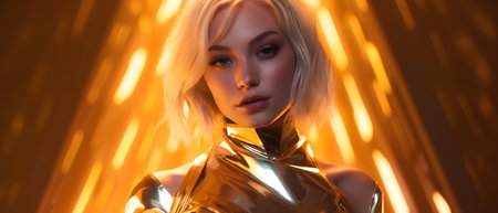 3d rendering of a female cyborg in golden futuristic armor.の素材